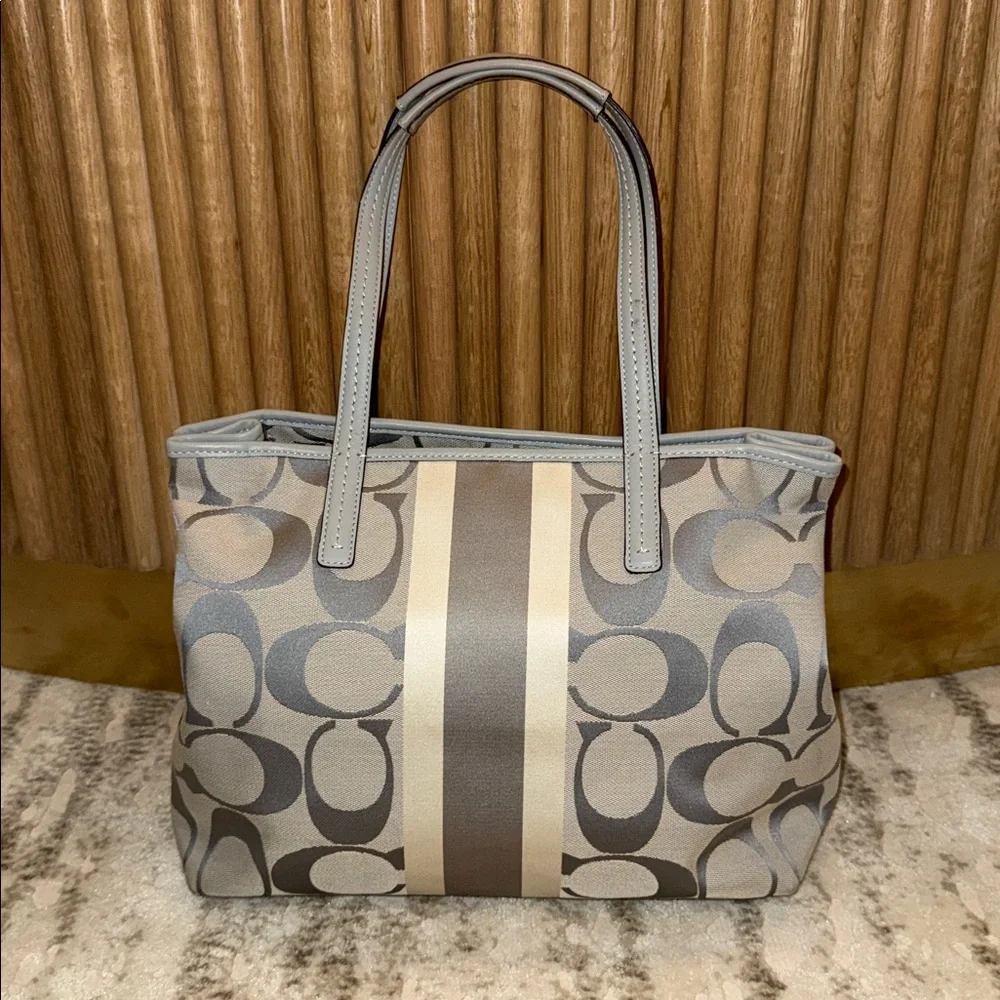 COACH Hamptons Weekend Signature Stripe Medium Tote Gray/silver